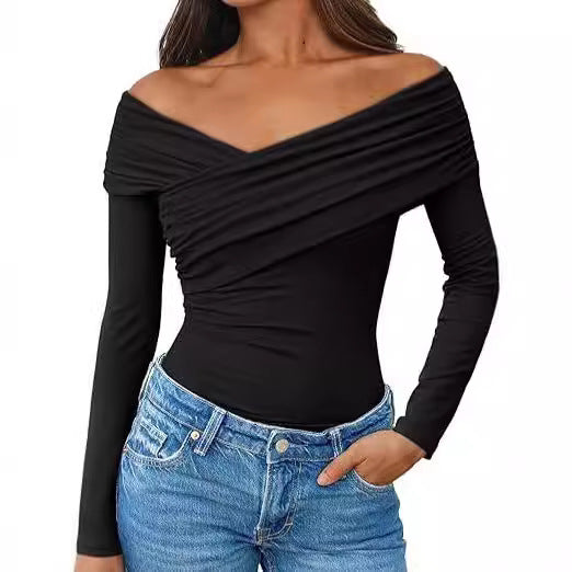 Damen Off-Shoulder Langarm-Top mit Wickeloptik und figurbetontem Stretch-Jersey Drune