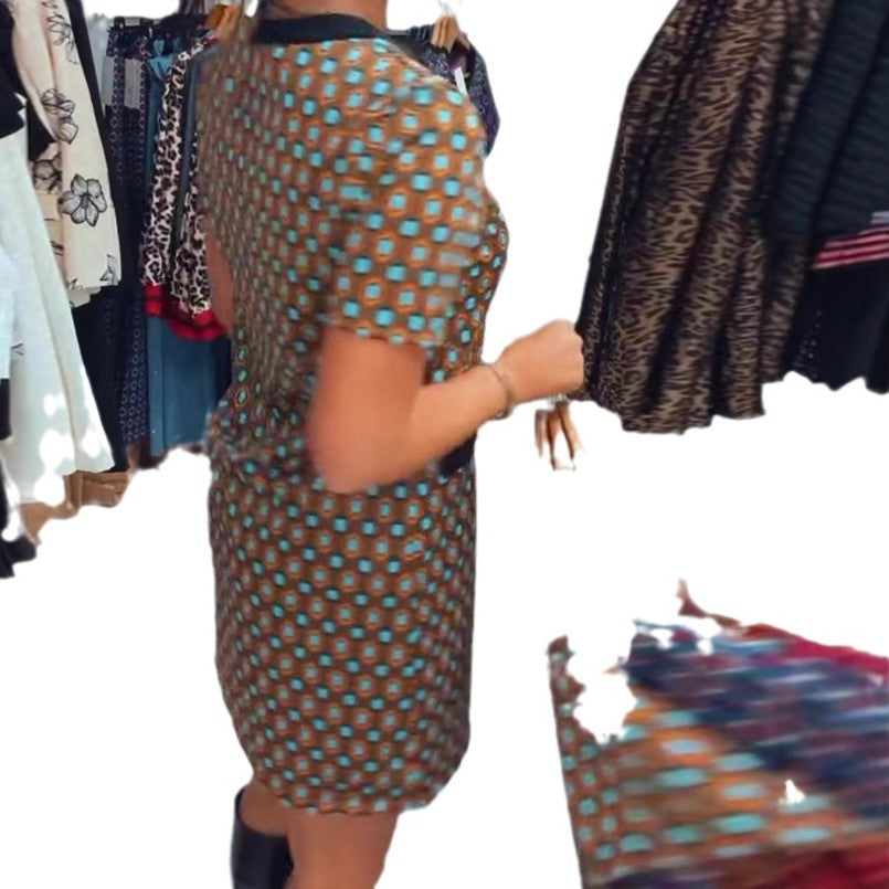 Damen nan Retro-A-Linien-Minikleid mit geometrischem Muster, Kontrastblende und Zier-Taschendetail Drune