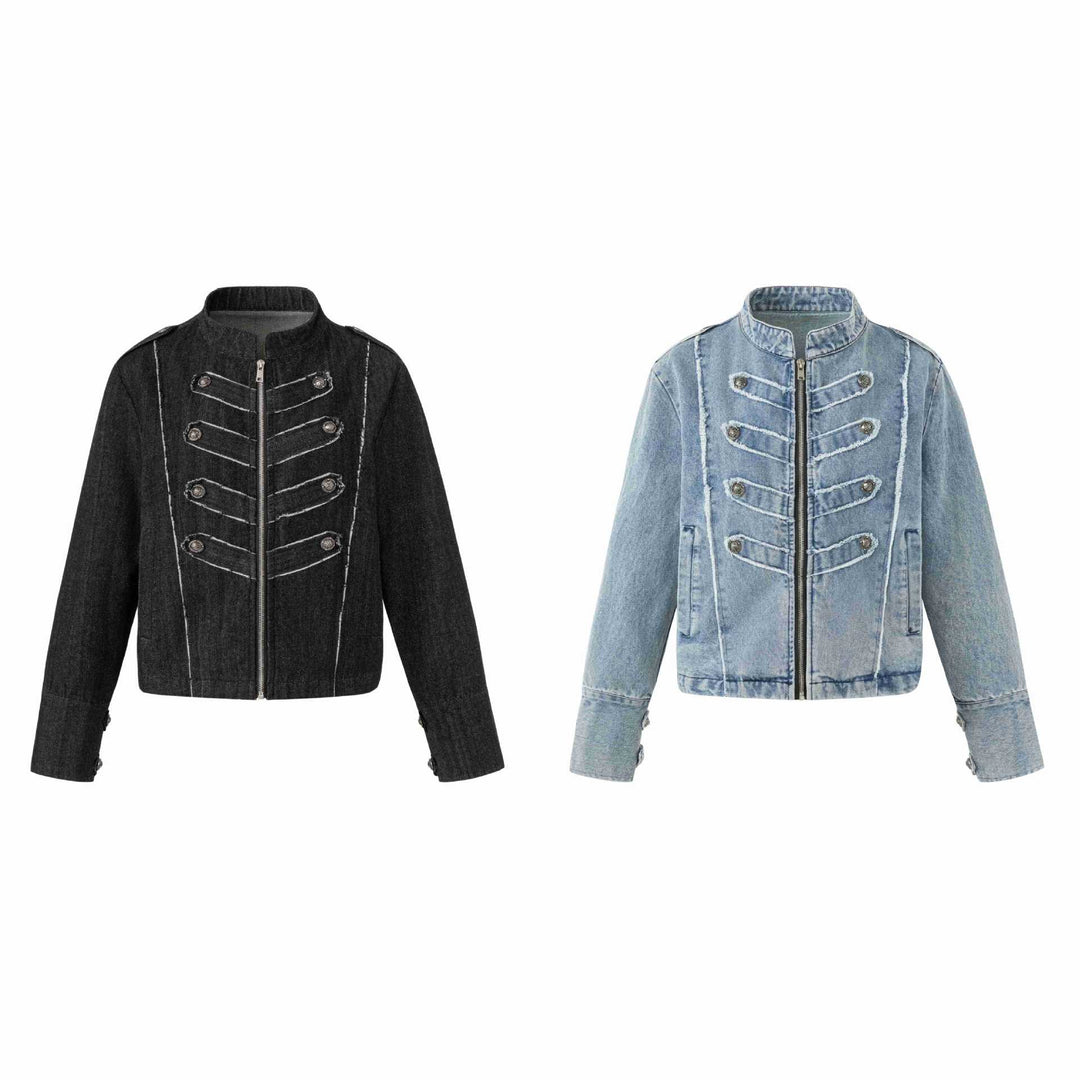 Damen Denim‑Blouson im Military‑Look mit Stehkragen und Zierknopfleiste Drune