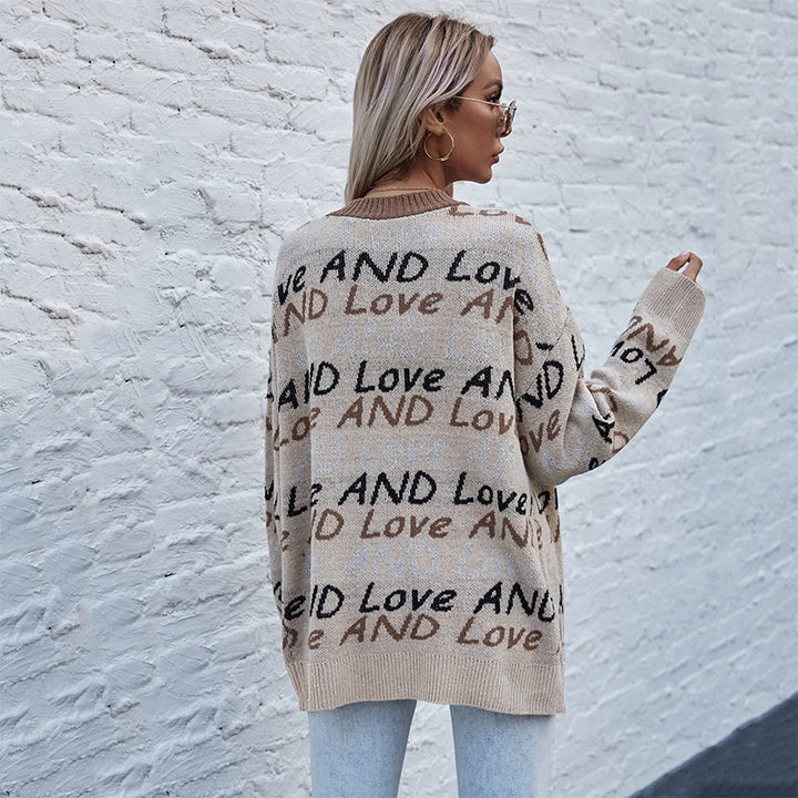 Damen Oversize-Strickcardigan mit Buchstabenjacquard, tiefem V‑Ausschnitt und Knopfleiste Drune