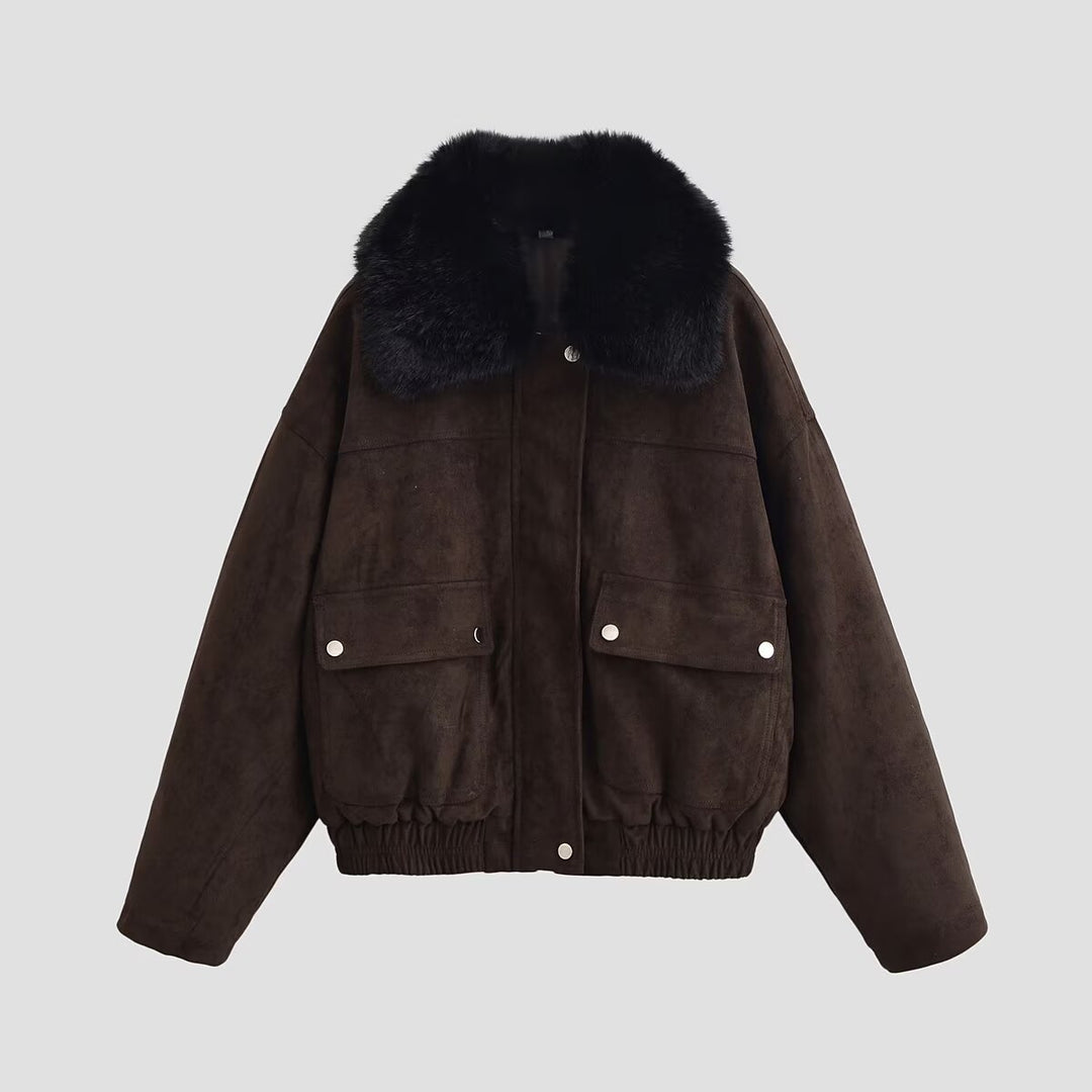 Damen Oversized Aviator-Jacke aus Velourslederimitat mit großem Kunstfellkragen Drune