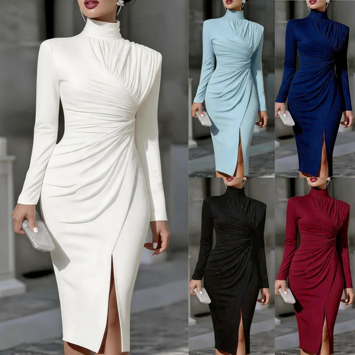 Damen Elegantes Midikleid mit geraffter Drapierung, Stehkragen und Beinschlitz Drune