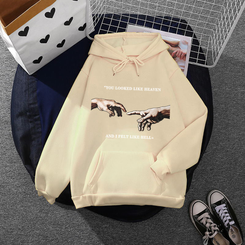 Damen nan Oversize Kapuzenpullover mit Kängurutasche und Renaissance‑Handmotiv, weiches Fleece Innenfutter Drune
