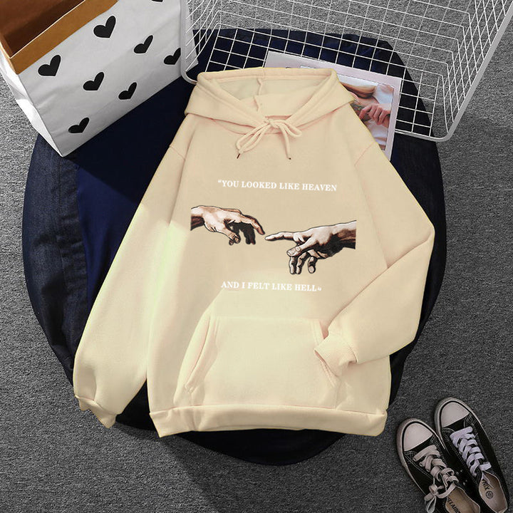 Damen nan Oversize Kapuzenpullover mit Kängurutasche und Renaissance‑Handmotiv, weiches Fleece Innenfutter Drune