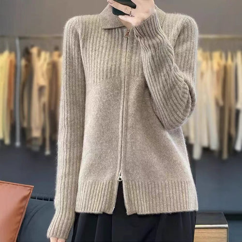Damen gemütlicher Strickcardigan mit Reißverschluss und feinem Rippmuster Drune