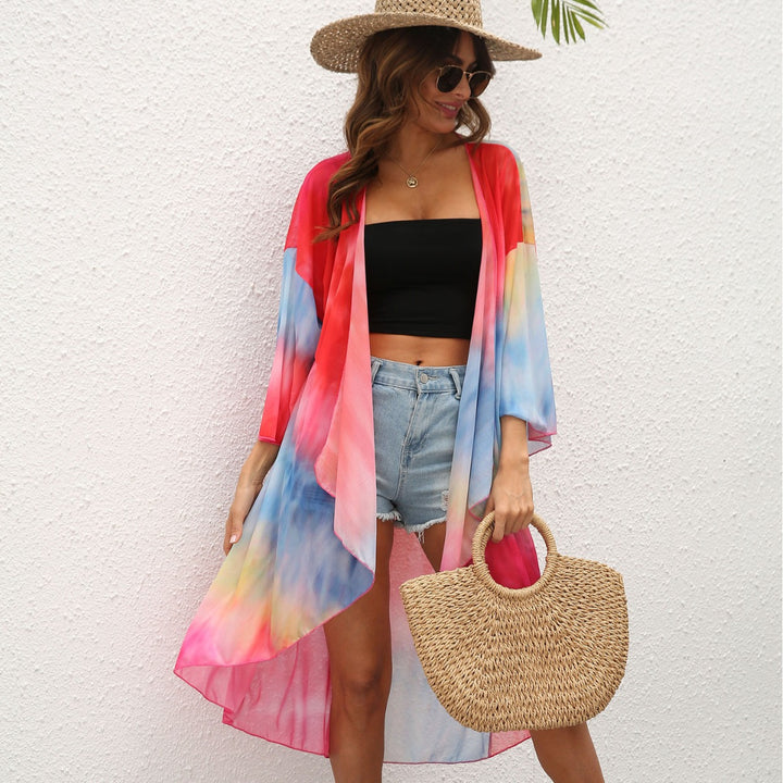 Damen eleganter Strandkimono mit buntem Tie-Dye-Design Drune