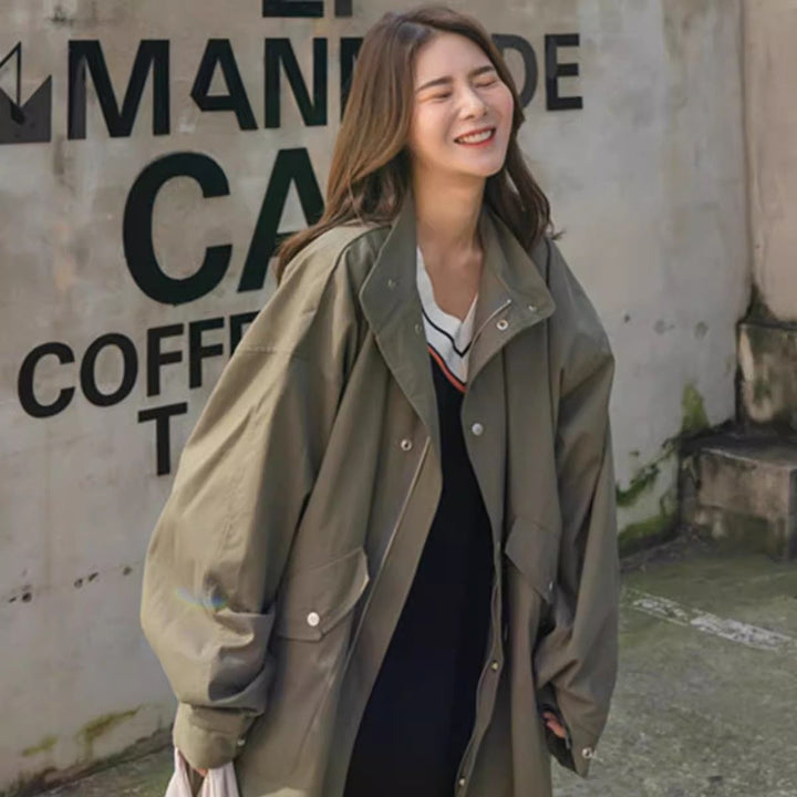 Damen Langer Oversize-Windbreaker im Utility-Look mit Pattentaschen Drune