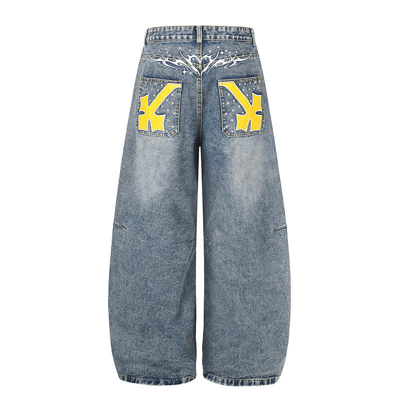 Damen Extraweite High‑Waist Palazzo-Jeans mit verzierten Gesäßtaschen Drune