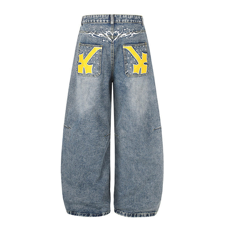 Damen Extraweite High‑Waist Palazzo-Jeans mit verzierten Gesäßtaschen Drune