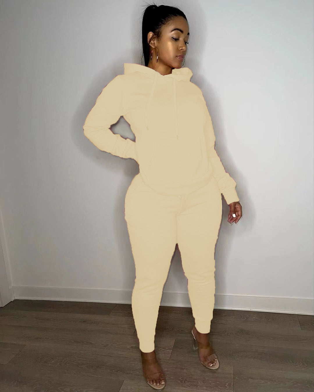 Damen nan tailliertes Hoodie- und Jogginghose-Set mit Kängurutasche, hohem Komfortbund und gerippten Knöchelbündchen Drune