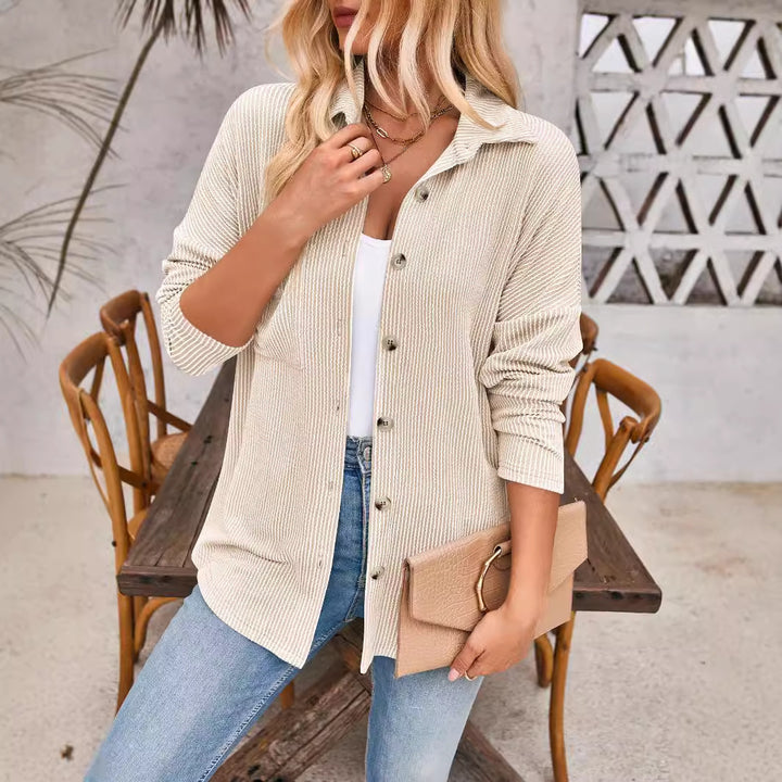 Damen Gerippte Oversize-Hemdjacke mit durchgehender Knopfleiste und Hemdkragen Drune