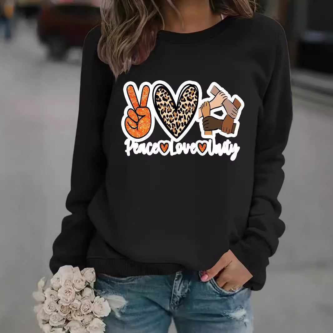 Damen Sweatshirt mit kreativem Peace, Love & Unity Motiv Drune