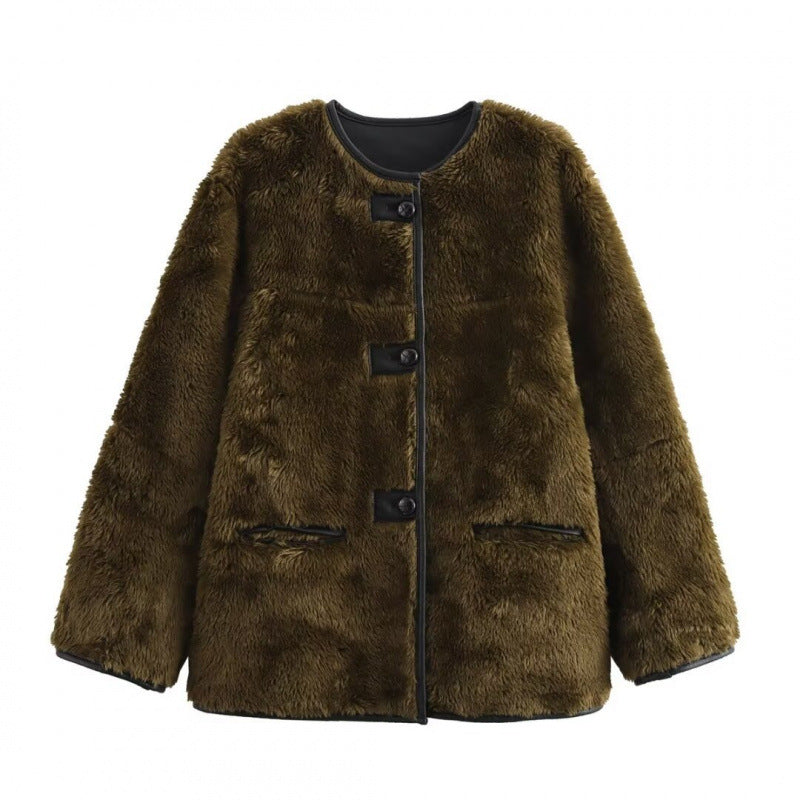 Damen Teddyjacke mit kontrastierenden Taschen und Knopfdetails Drune