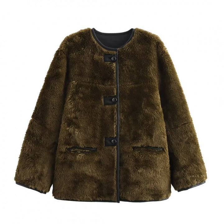 Damen Teddyjacke mit kontrastierenden Taschen und Knopfdetails Drune