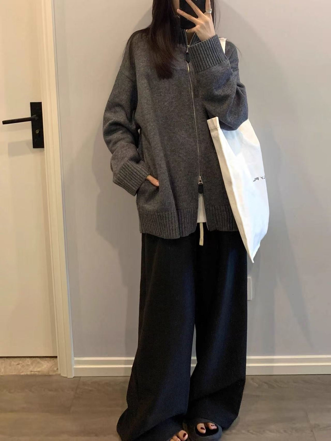 Damen doppelreihiger Strickjacke mit hohem Kragen und praktischen Taschen Drune