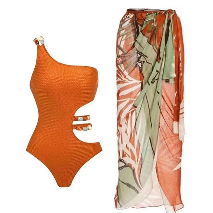 Damen Einteiler Badeanzug mit asymmetrischem Schnitt und floralem Wickelrock Drune