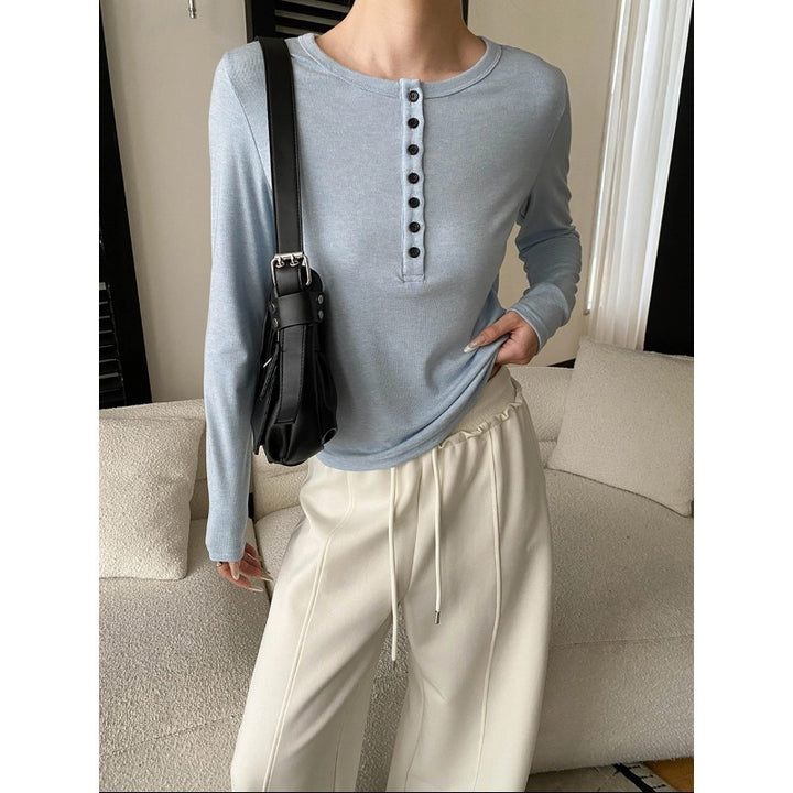 Damen Langarm-Henley-Shirt mit modischer Knopfleiste und bequemen Schnitt Drune