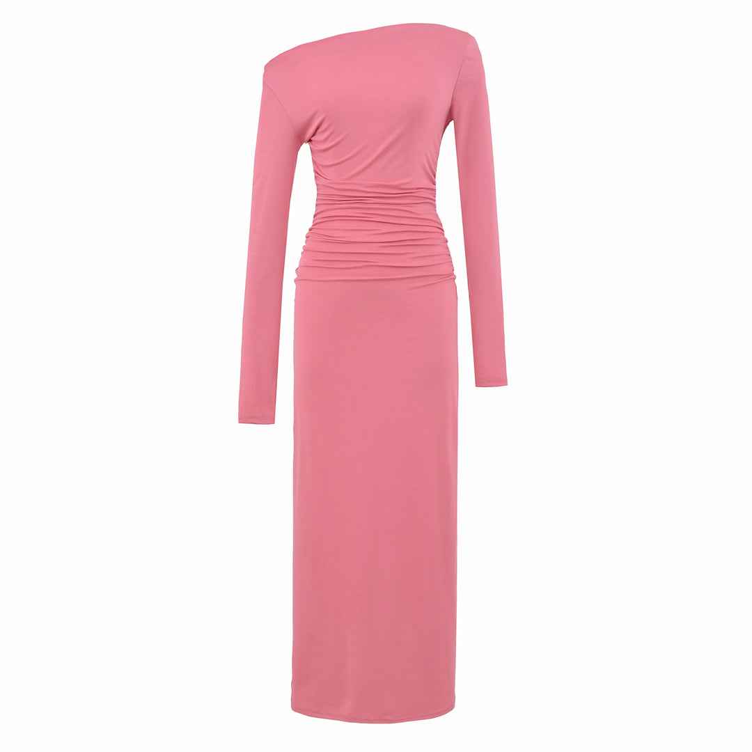 Damen Einschulter-Midikleid mit Langarm und seitlicher Raffung Drune