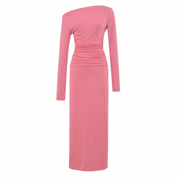 Damen Einschulter-Midikleid mit Langarm und seitlicher Raffung Drune
