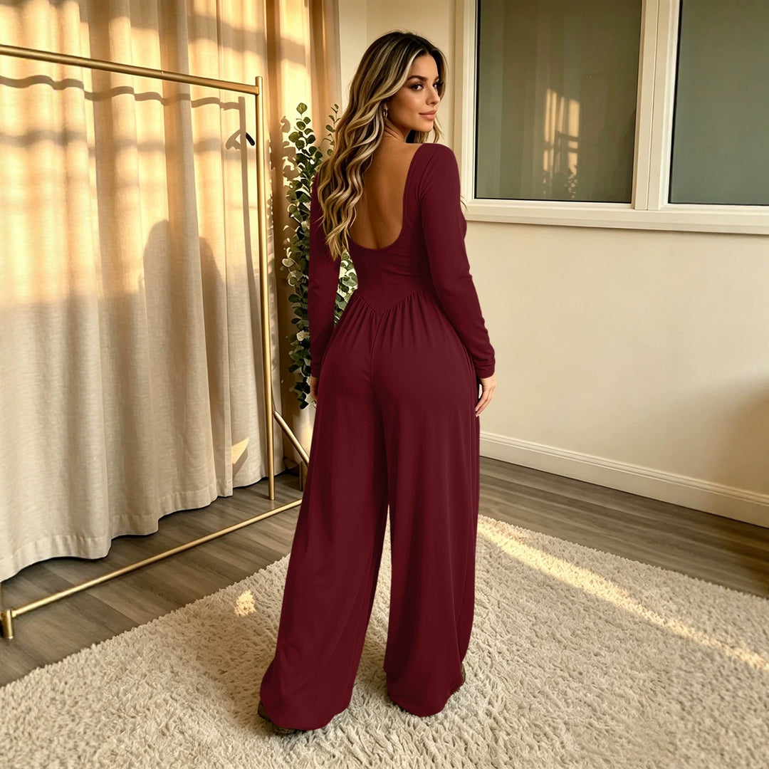 Damen Langer Jumpsuit mit weitem Bein, tiefem Rundhals und Eingrifftaschen Drune