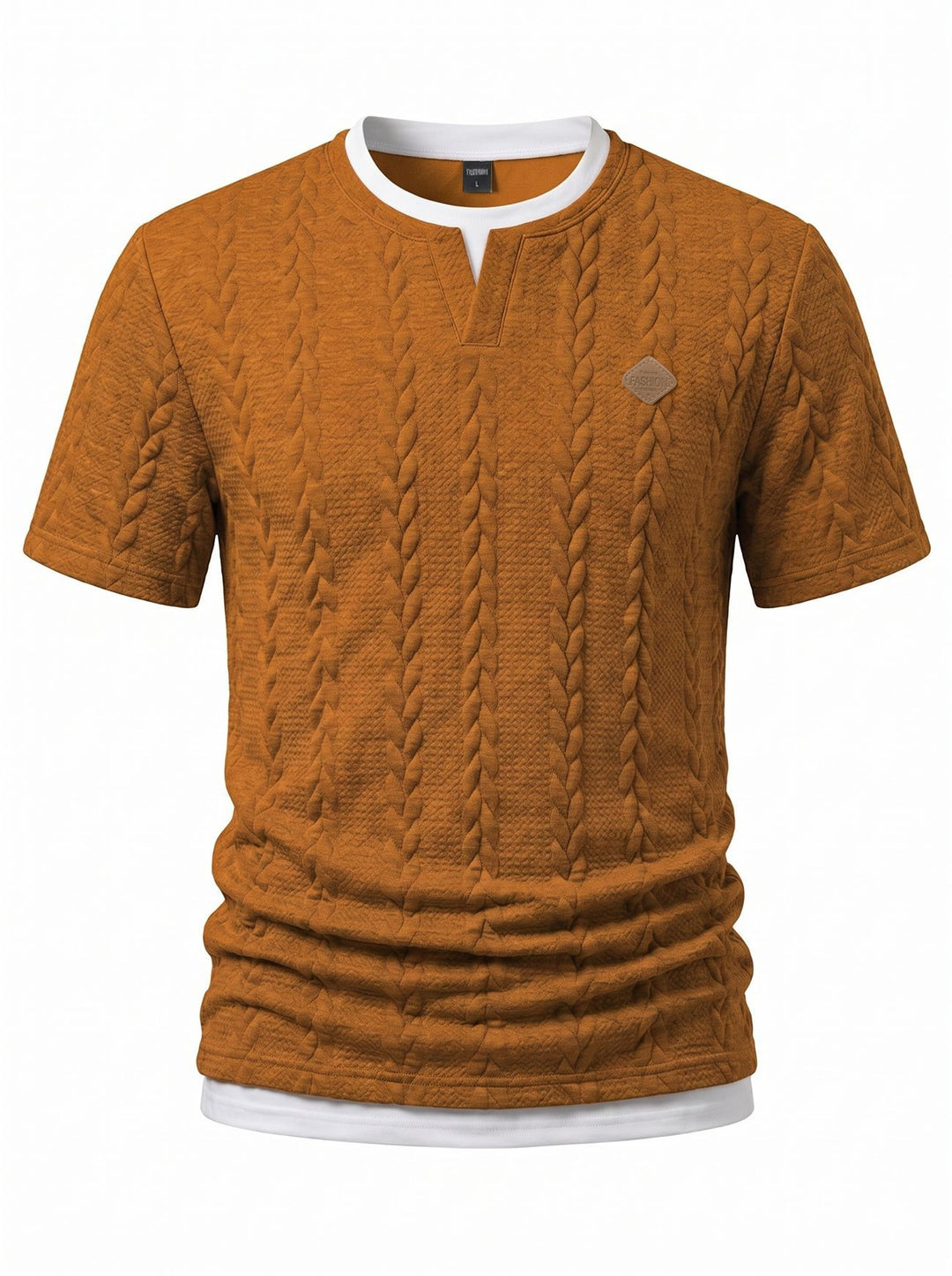 Herren nan texturiertes Kurzarmshirt mit geprägter Zopfstruktur, V‑Einsatz am Rundhals und Lagenlook Drune