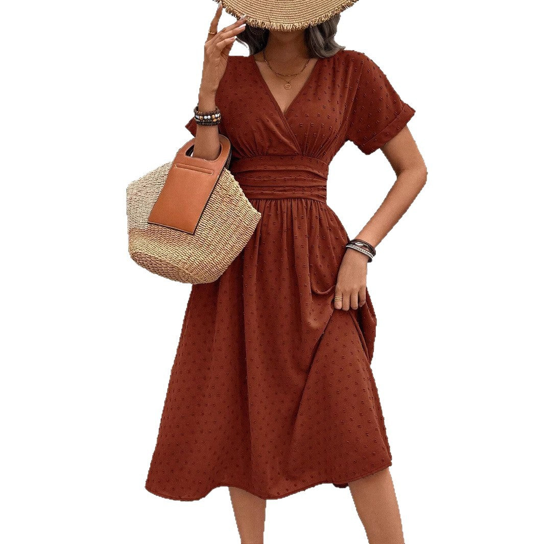 Damen midi Kleid mit gerafftem Oberteil und V-Ausschnitt Drune