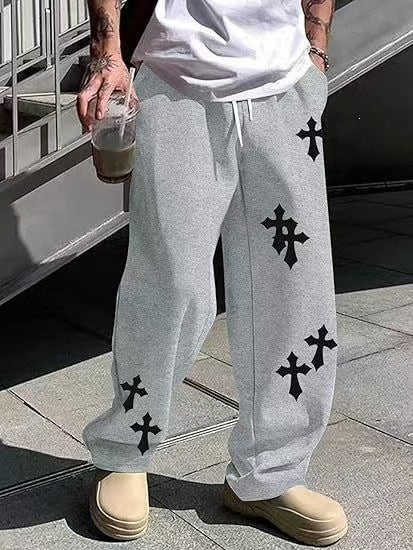 Herren Weite Sweatpants mit Gothic-Kreuz-Print, Tunnelzug & Tiefer Schritt Drune