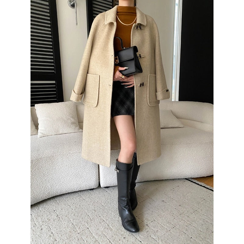 Damen eleganter Wollmantel mit praktischen Taschen und Knopfdetails Drune