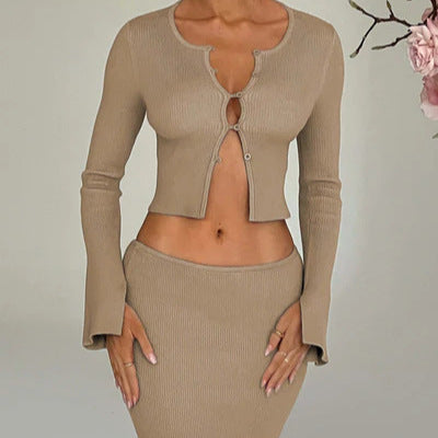 Damen Strick Set mit tiefem Ausschnitt und ausgestellten Ärmeln Drune