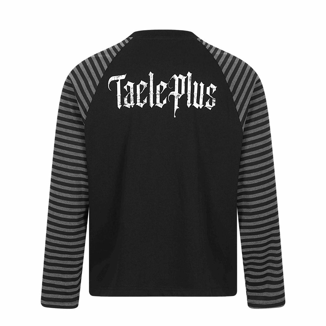 Unisex Langarmshirt im Raglanstil mit Gothic-Print und gestreiften Ärmeln Drune