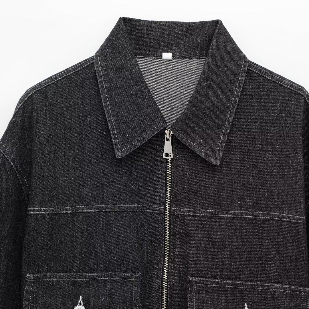 Damen nan Oversize-Jeansjacke mit durchgehendem Metallreißverschluss, aufgesetzten Klappentaschen und elastischem Saum Drune