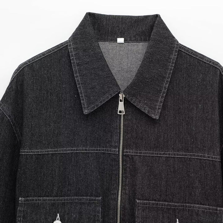 Damen nan Oversize-Jeansjacke mit durchgehendem Metallreißverschluss, aufgesetzten Klappentaschen und elastischem Saum Drune
