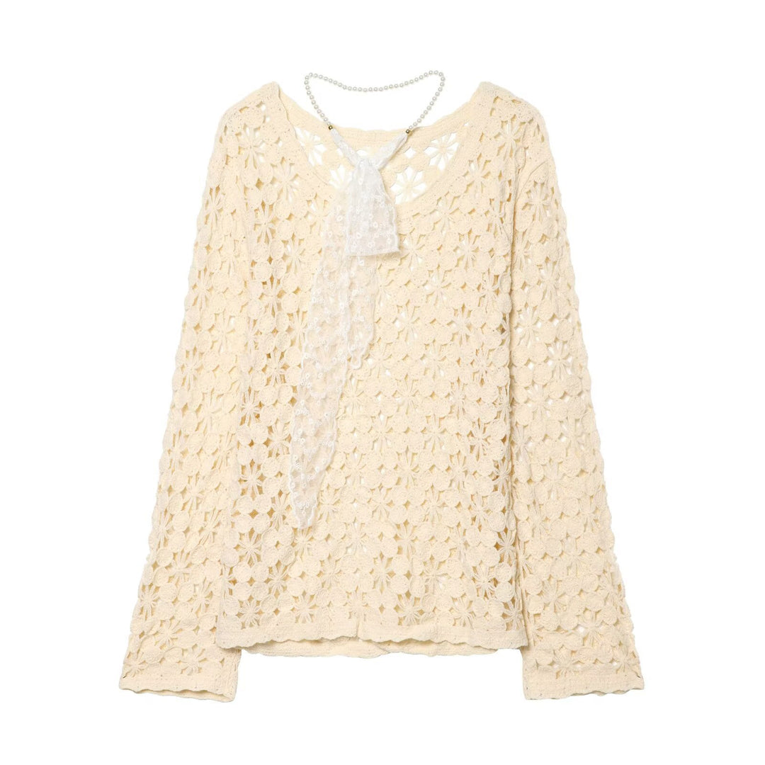 Damen Häkelpullover mit floraler Lochspitze und zarter Spitzen-Schleife Drune