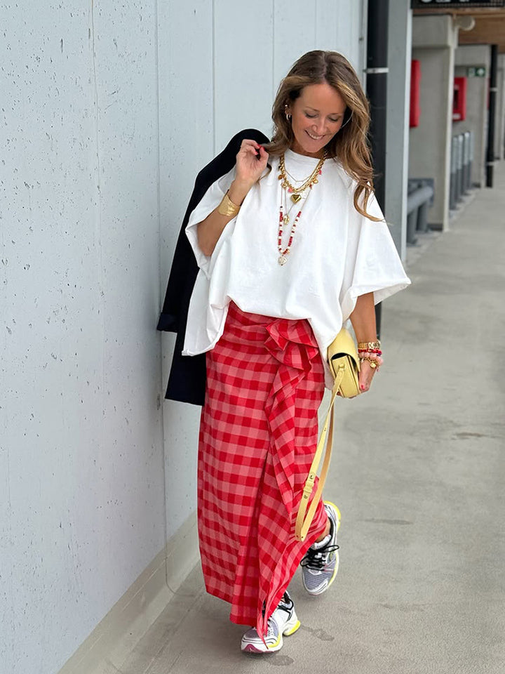 Damen Maxi-Rock mit Vichy-Karo, seitlicher Volant-Raffung & Wickel-Optik Drune
