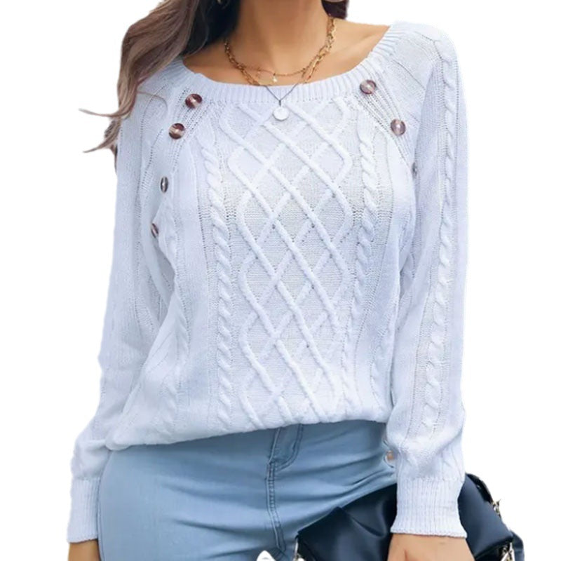 Damen Grobstrickpullover mit dekorativen Knöpfen und modernen Zopfmuster Drune