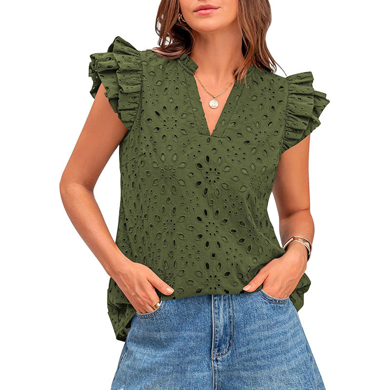 Damen Bluse mit Rüschenärmel und floralem Lochmuster Drune