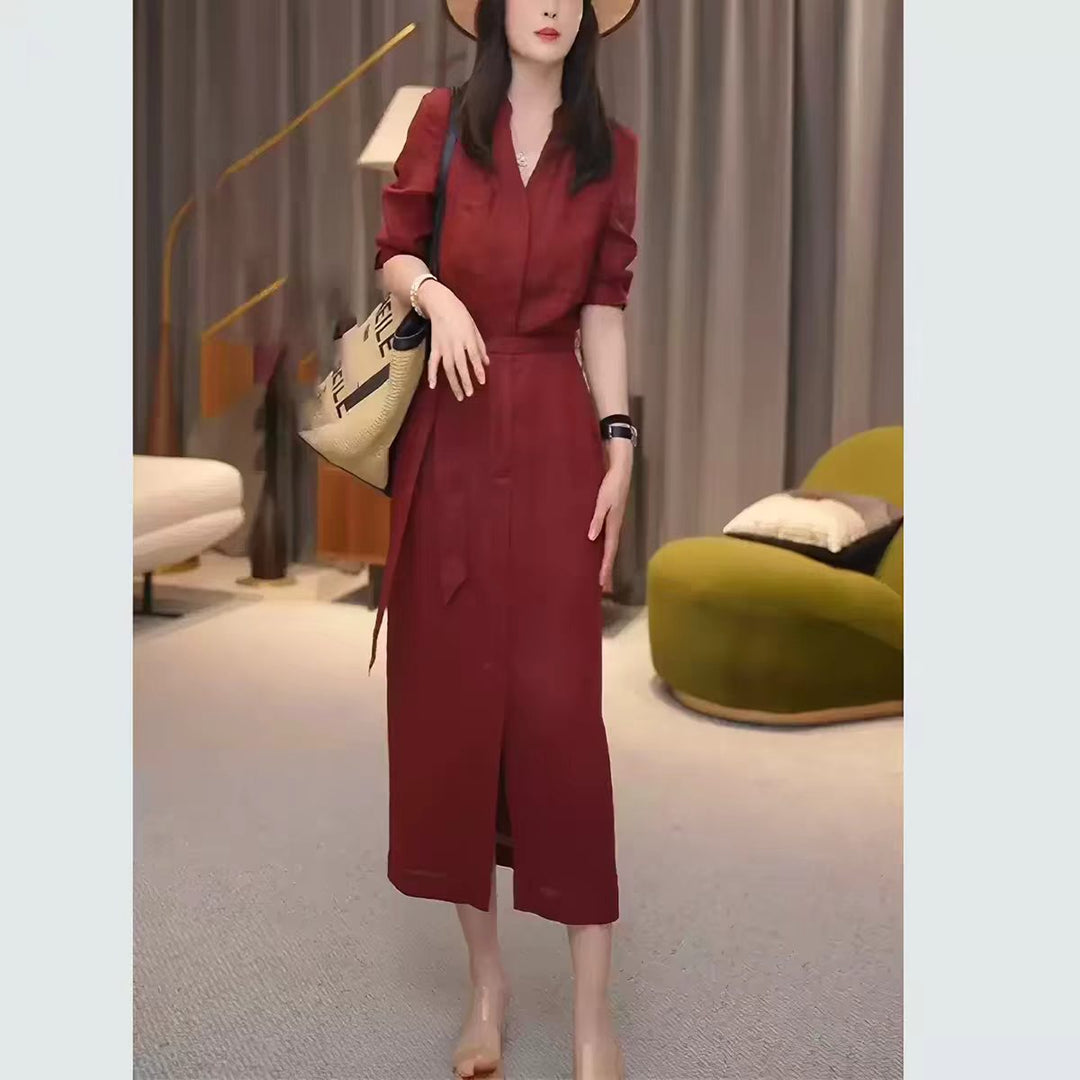 Damen Langes Hemdkleid mit Wickeloptik, Kordel-Taillengürtel und Beinschlitz Drune