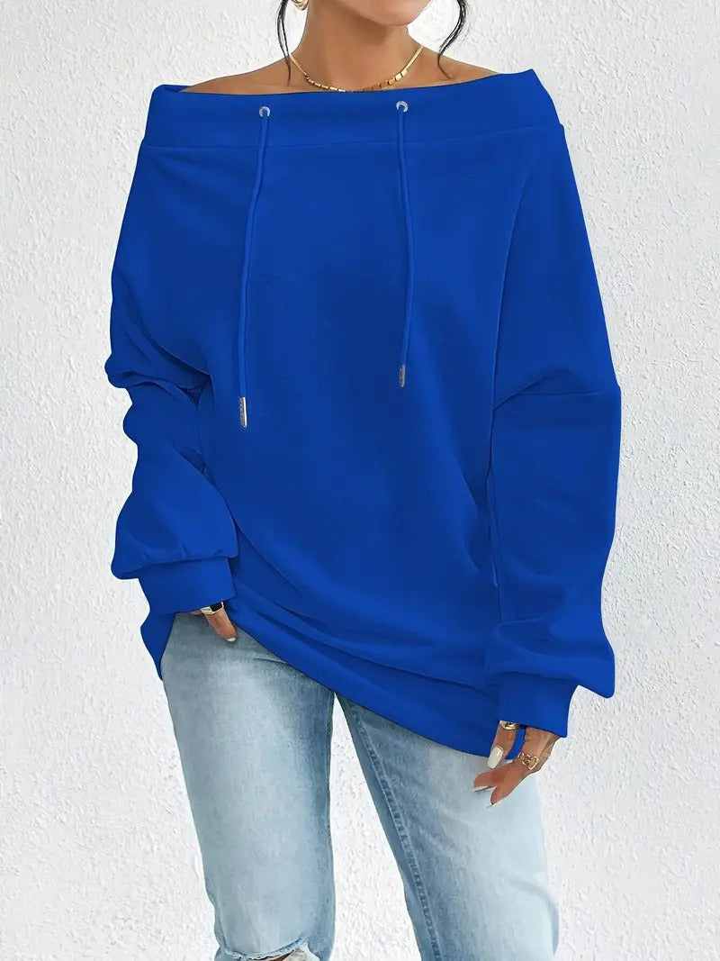 Damen lässiges Sweatshirt mit offener Schulterpartie und Kordelzug Drune