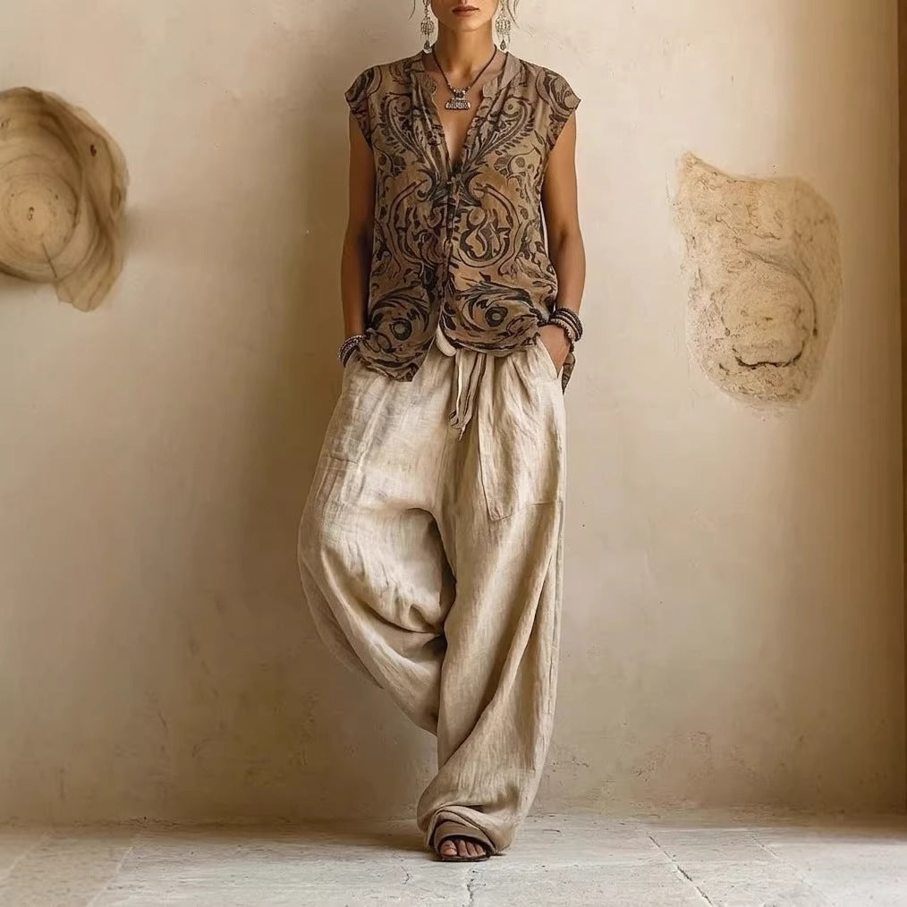 Damen Lässige Leinenhose mit hohem Bund Drune