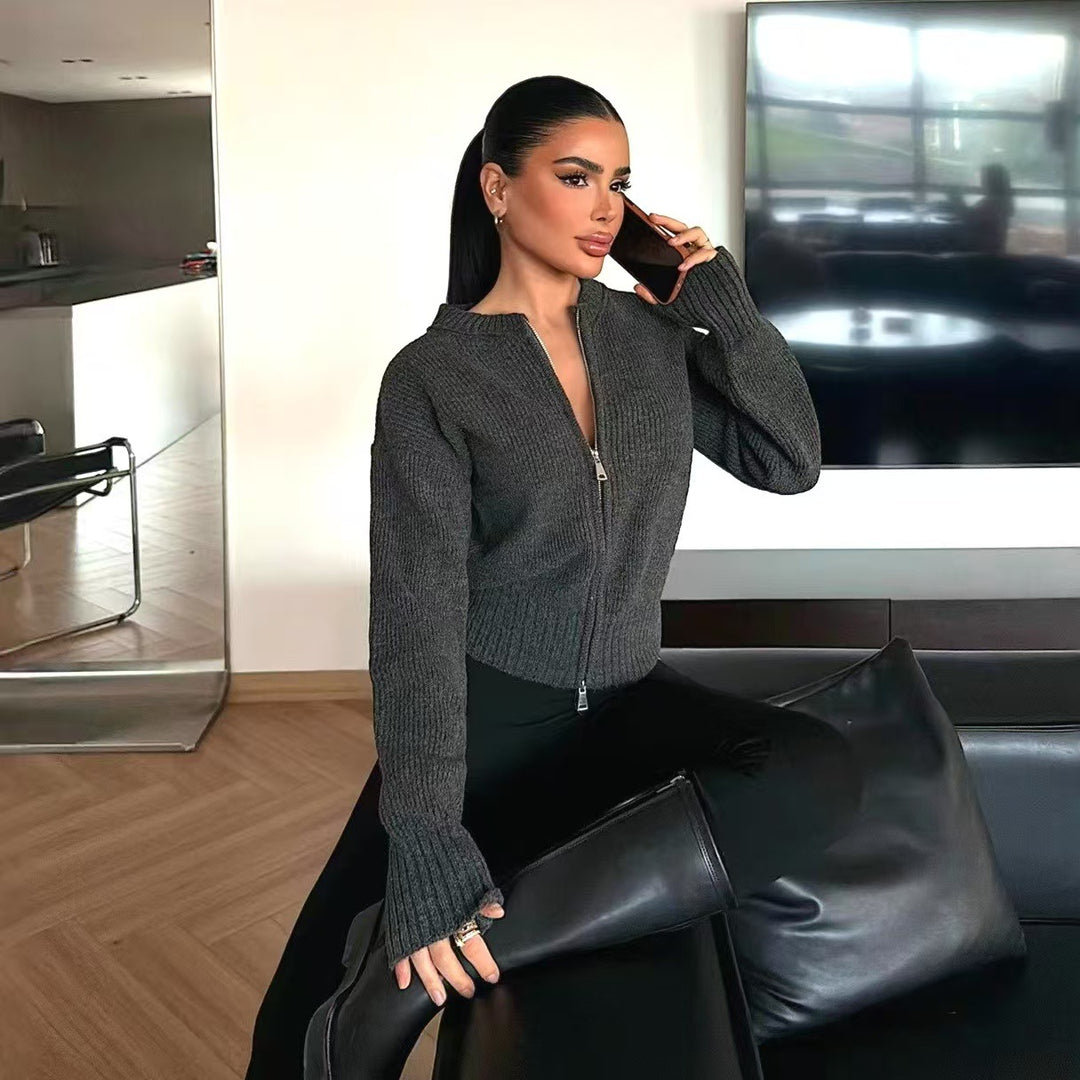 Damen Schicke Strickjacke mit Reißverschluss und breiten Bündchen
