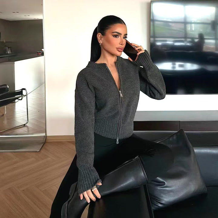 Damen Schicke Strickjacke mit Reißverschluss und breiten Bündchen