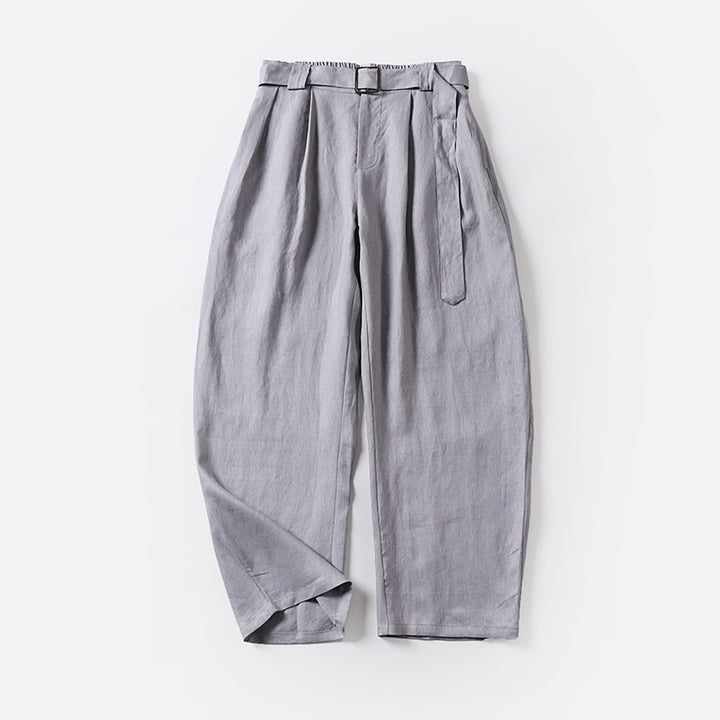 Damen Hochtaillierte Leinen-Baumwoll Bundfaltenhose mit Bindegürtel und tapered Bein Drune
