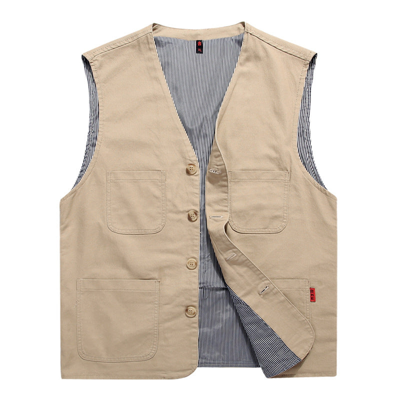 Unisex Canvas-Utility-Weste mit gestreiftem Innenfutter, aufgesetzten Taschen und Knopfverschluss Drune