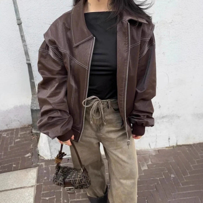 Damen moderne Kunstlederjacke im sportlichen Schnitt mit praktischen Taschen Drune