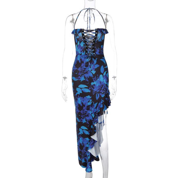 Damen Boho Maxikleid mit floralem Print und Schnürung Drune
