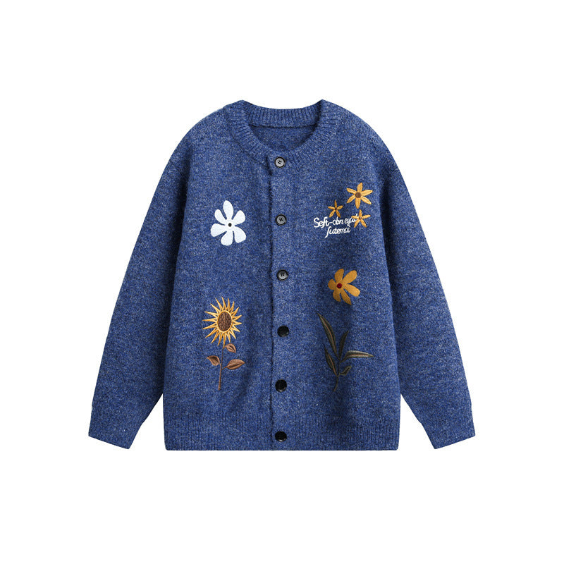 Damen Strick-Cardigan mit Blumenstickerei, Rundhalsausschnitt und Knopfleiste Drune