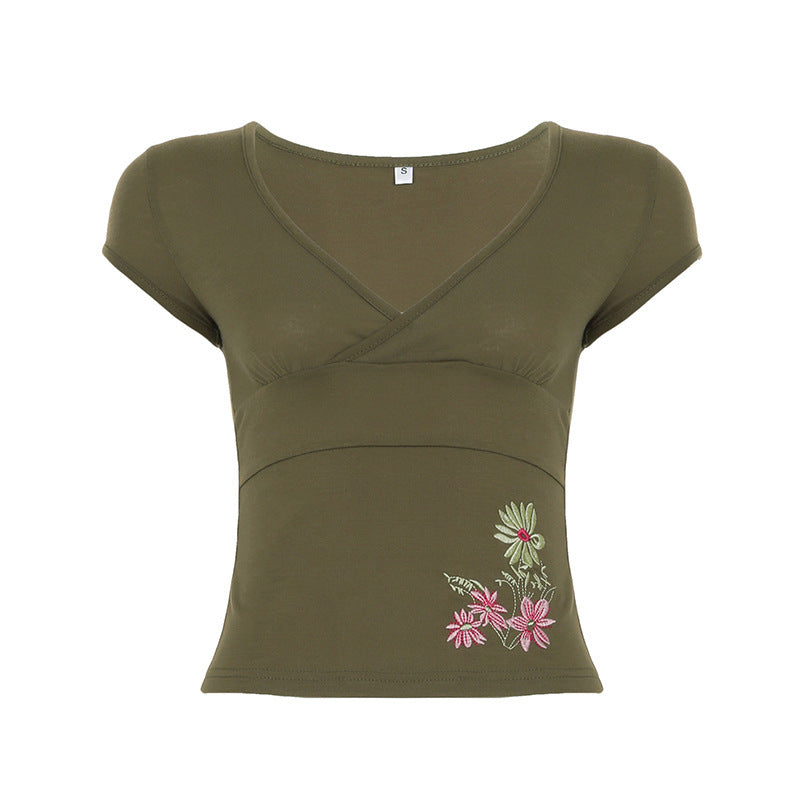 Damen figurbetontes Kurzarm-Shirt mit floralem Stickmuster Drune