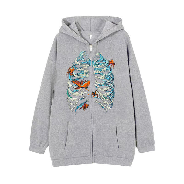 Damen nan Kapuzenjacke mit durchgehendem Reißverschluss und Rippenherz-Print Drune