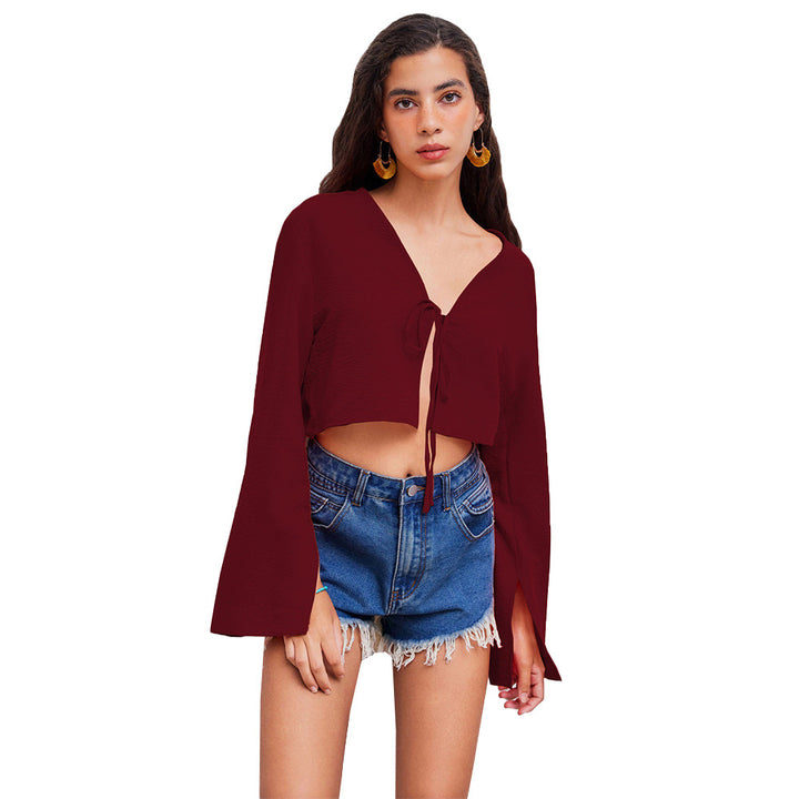 Damen kurzes Bindecrop-Top mit V-Ausschnitt, Knotenbindetail und Glockenärmeln Drune