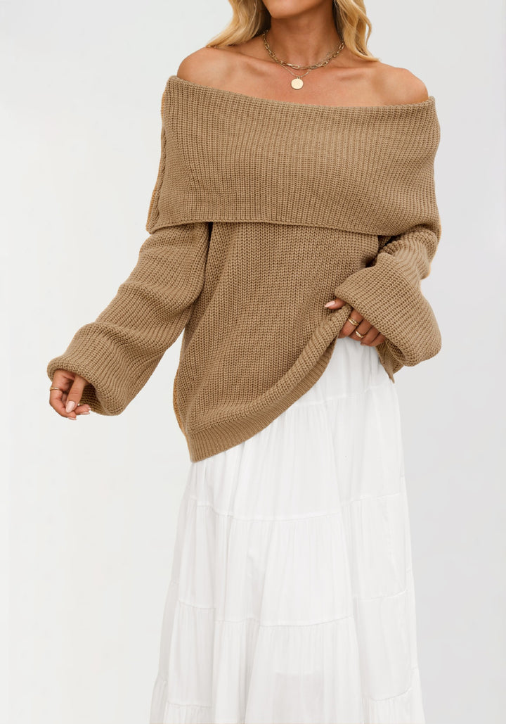 Damen Off-Shoulder Strickpullover mit strukturierter Oberfläche Drune